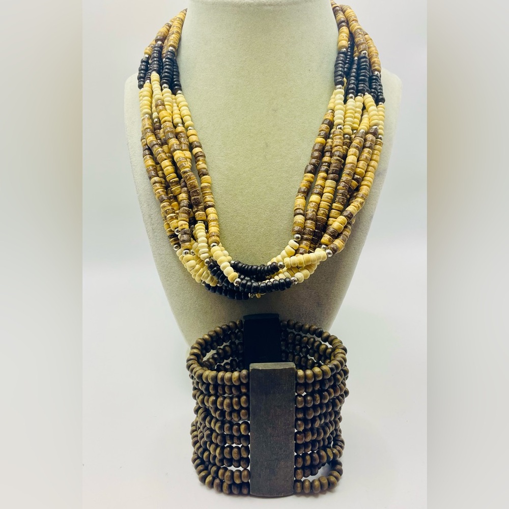 Black and Multi Tone Multi-Strand Wood Beaded Torsade Necklace with Bracelet